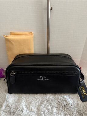Polo by Ralph Lauren Black Leather Toiletry Bag with Front Zip Pocket